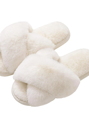 Evshine Women's Fuzzy Slippers Cross Band Memory Foam House Slippers Open Toe Indoor Outdoor Shoes, White, 38-39 (Size 7-8)