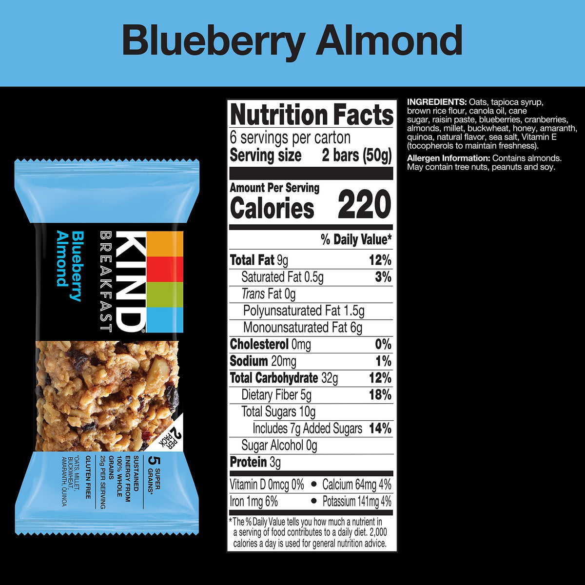 KIND Breakfast Bars, Blueberry Almond, Healthy Snacks, Gluten Free, 100% Whole Grains, 3g Protein, 6 Count
