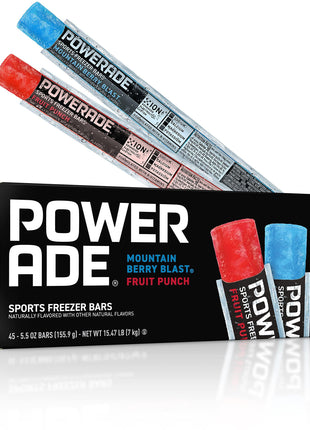 POWERADE Sports Freezer Bars, Giant Sized 5.5 oz Refreshing Ice Pops with Electrolytes B Vitamins  - Naturally Flavored, Mountain Berry Blast and Fruit Punch, 45 Total Freezer Bars