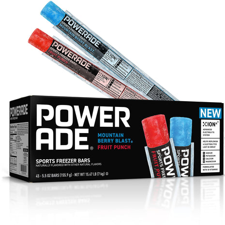 POWERADE Sports Freezer Bars, Giant Sized 5.5 oz Refreshing Ice Pops with Electrolytes B Vitamins  - Naturally Flavored, Mountain Berry Blast and Fruit Punch, 45 Total Freezer Bars