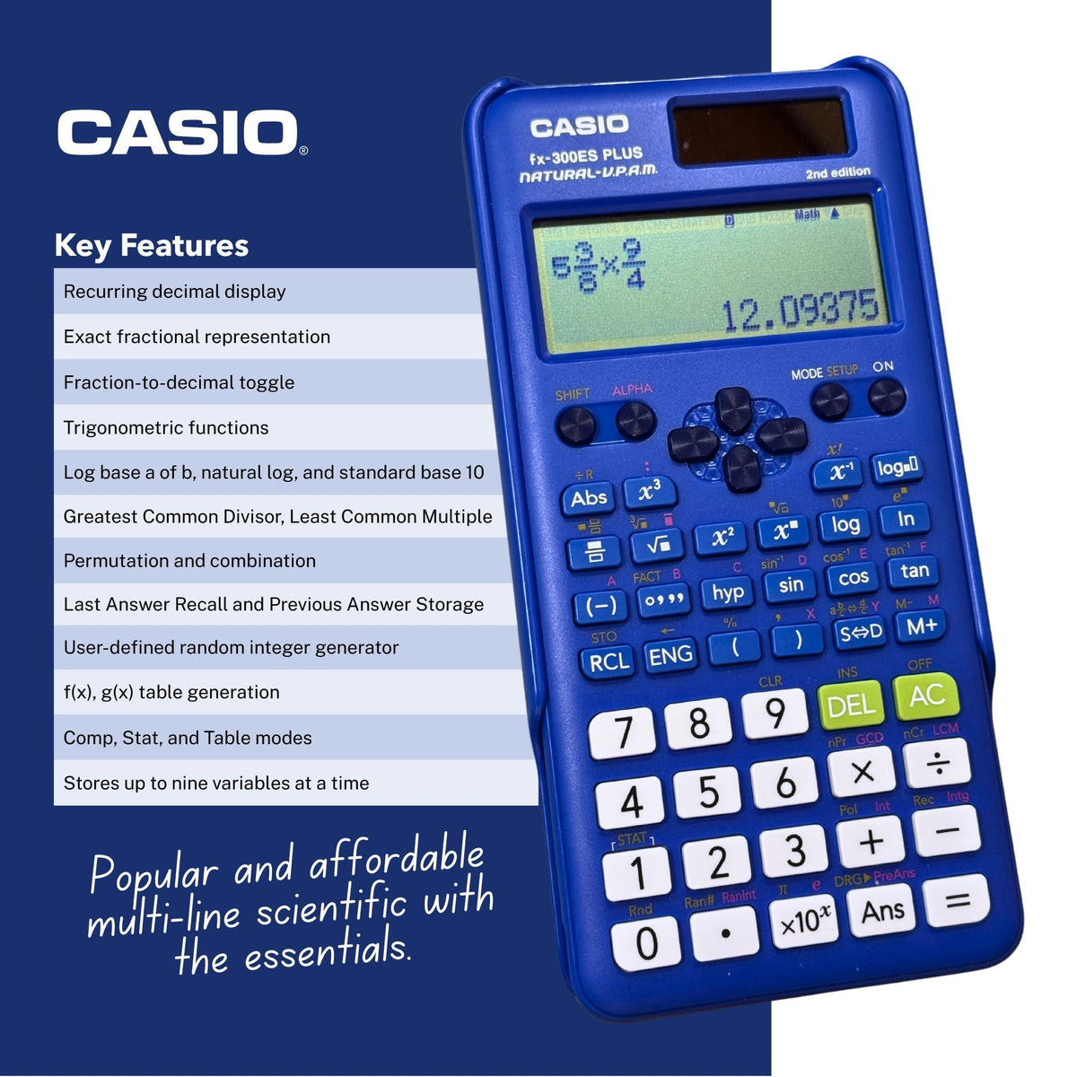 Casio fx-300ES Plus 2nd Edition – Standard Scientific Calculator | 262 Functions, Natural Textbook Display℠ | Ideal for Middle School, High School Math, Statistics & Algebra | Blue