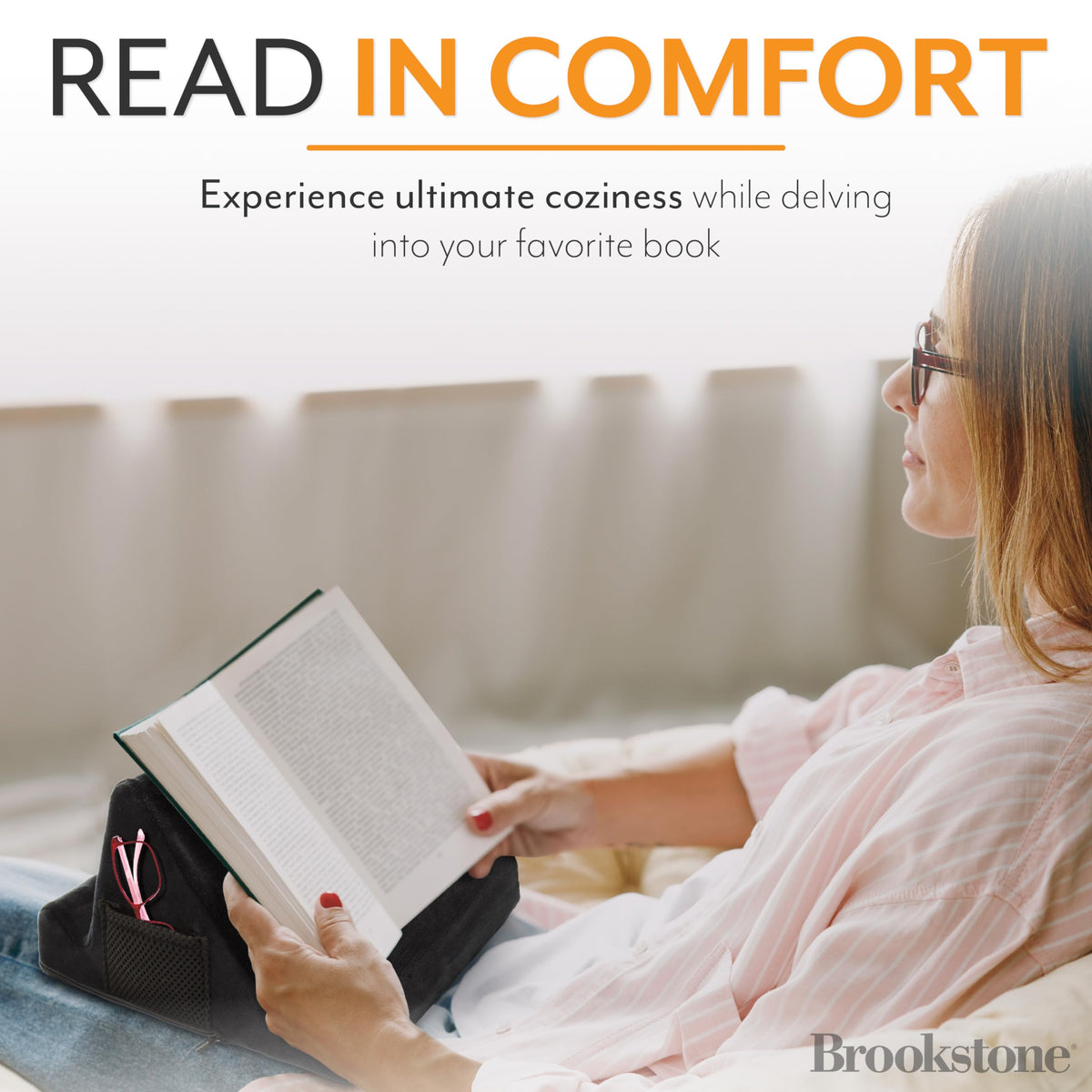 Brookstone - Memory Foam Lap Desk Tablet Holder, Holds Phones, iPads, E-Book Readers, 2 Viewing Angles, 2 Side Pockets for Accessories, Book Holder Cushion, Perfect Home, Car Travel, Flights, Black
