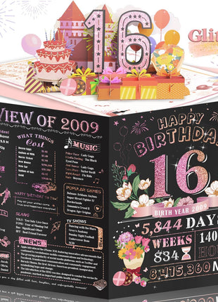 16th Birthday Card for Women Her, Large 3D Pop Up 16th Birthday cards for Mom Wife, Happy 16 Year Old Birthday Decorations for Grandma, Mother, Daughter Funny Birthday Gifts, Back to 2010, Pink
