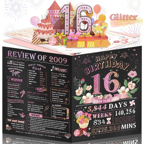 Sweet 16th Birthday Card for Girls Daughter,Jumbo Pop Up Sweet 16th Birthday Cards for Granddaughter Sister, Sweet 16th Birthday Decorations for 16 Year Old Girl Daughter Funny Birthday Gifts, Review of 2009, Pink
