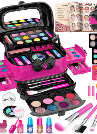 Hollyhi 58 Pcs Kids Makeup Toys Kit for Girls, Real Washable Make Up Set | Safety Material Certificates, Non-Toxic, Storage Case with Mirror, Birthday Gifts for 3 4 5 6 7 8 9 10 11 12 Years Old (Rose)