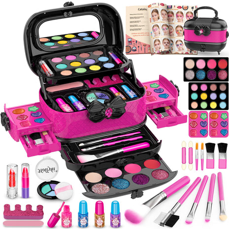 Hollyhi 58 Pcs Kids Makeup Toys Kit for Girls, Real Washable Make Up Set | Safety Material Certificates, Non-Toxic, Storage Case with Mirror, Birthday Gifts for 3 4 5 6 7 8 9 10 11 12 Years Old (Rose)