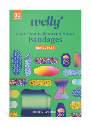 Welly Bandage Family Pack | Adhesive Flexible Fabric & Waterproof Bandages | Assorted Shapes and Patterns for Minor Cuts, Scrapes, and Wounds - 80 Count