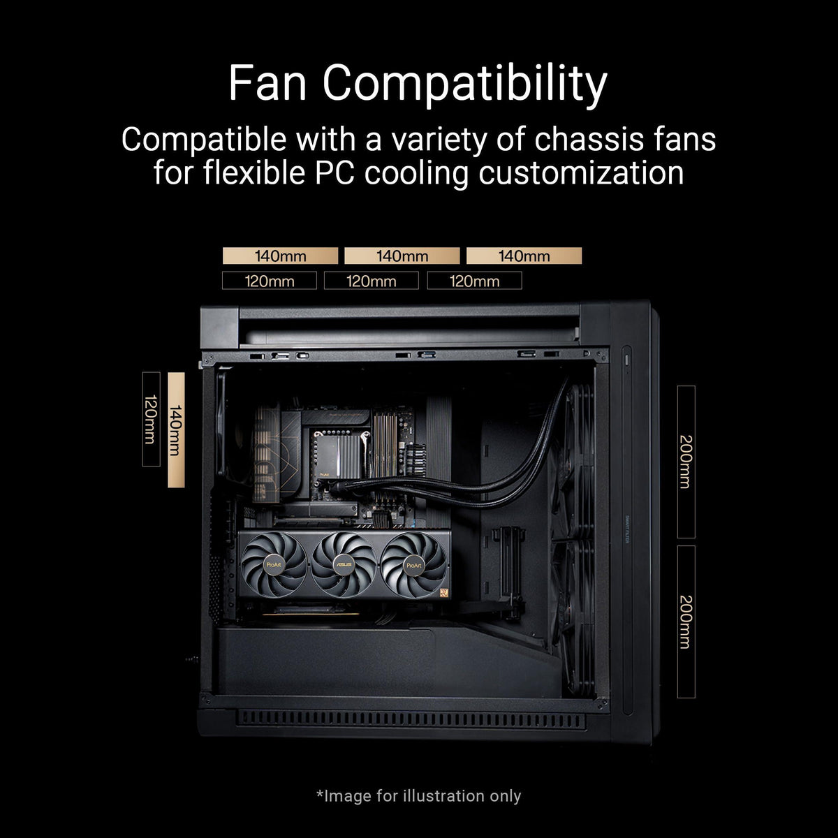 ASUS ProArt PA602 Wood Edition - Tempered Glass Panel E-ATX case, 420 mm Radiator Support, 1x 140 mm + 2X 200 mm pre-Installed Fans, Power Lock Latch, Tool-Less PCIe mounting, USB 20Gbps Support
