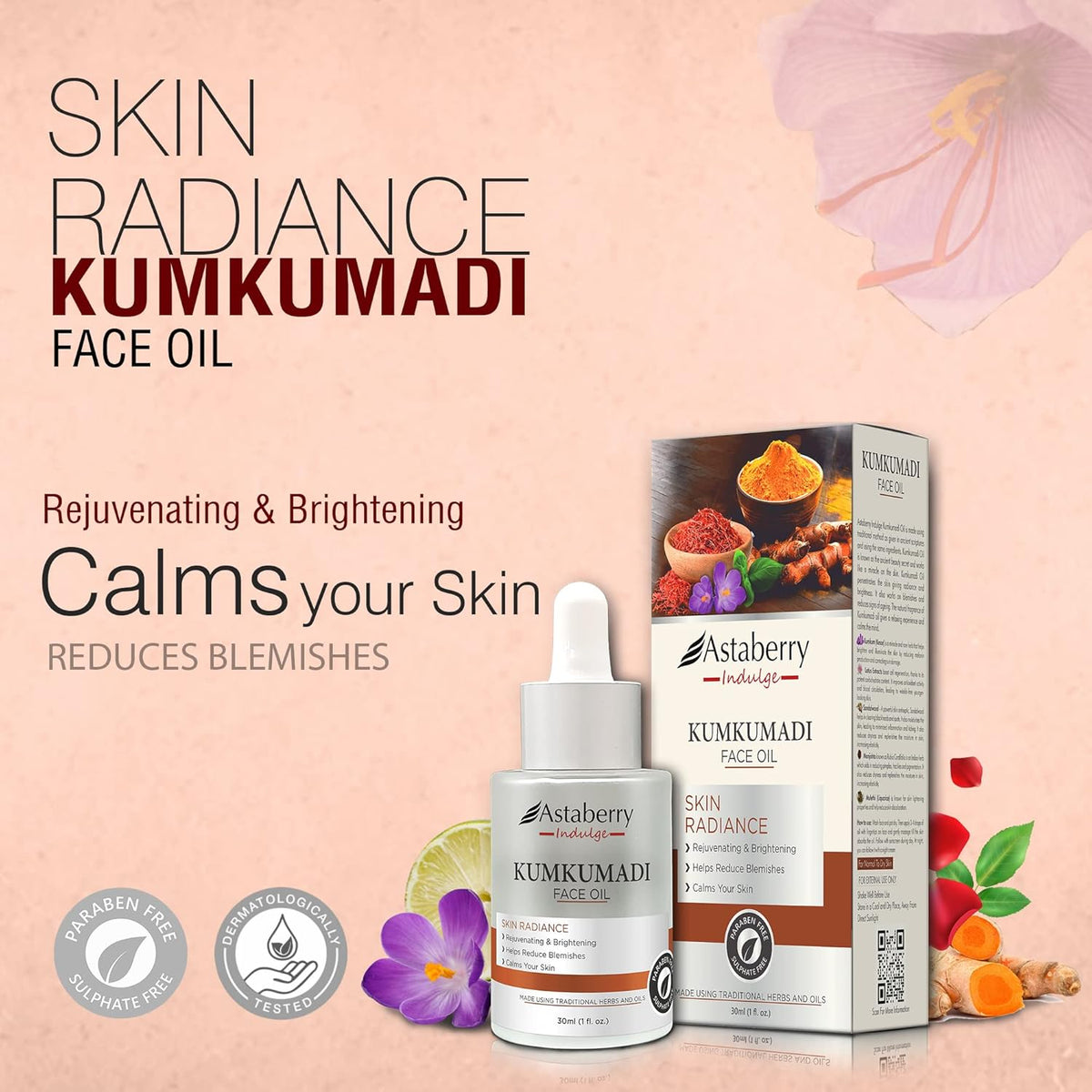 Astaberry Indulge Kumkumadi Face Oil for Glowing Skin With Saffron & Lotus Extracts For Dull Skin, Sandalwood & Mulethi For Reduces Dark Spots & Blemishes | 30 ml