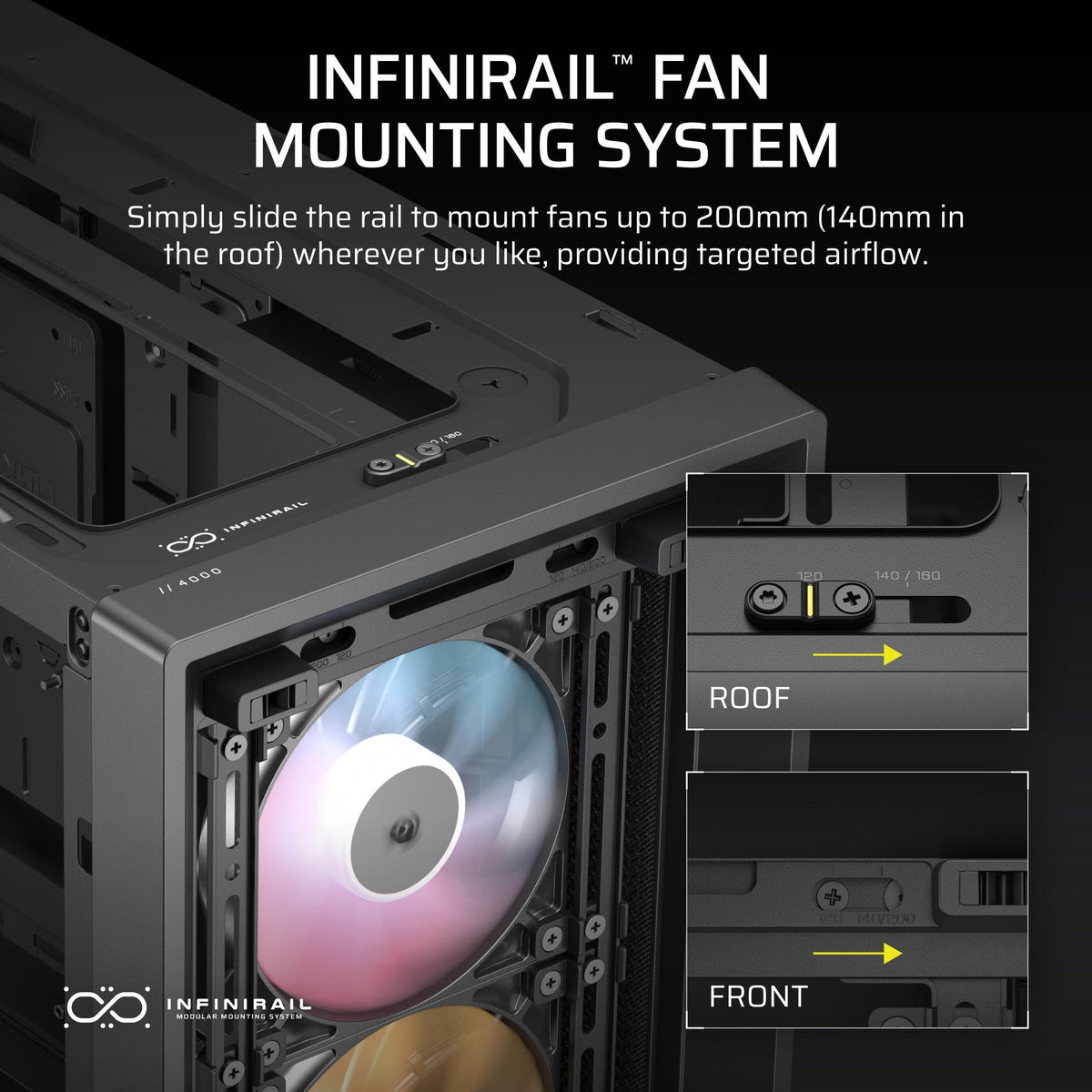 CORSAIR 4000D RS ARGB Frame Modular Mid-Tower ATX PC Case – High Airflow, 3X Pre-Installed RS ARGB Fans, InfiniRail™ Fan Mounting System, ASUS BTF, MSI Project Zero, Gigabyte Project Stealth – Black