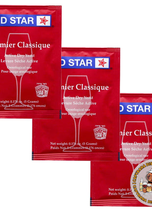 Red Star Premier Classique Wine Yeast (3 Pack) - Great for Making Wine Cider Mead Kombucha at Home - 5 g Sachets - Saccharomyces cerevisiae - Sold by CAPYBARA Distributors Inc.