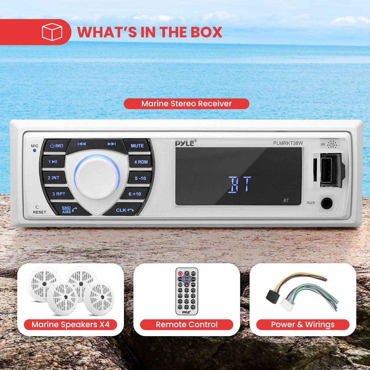 Pyle Marine Radio Receiver Speaker Set 12v Single Din Style Bluetooth Compatible Waterproof Digital Boat In Dash Console System with Mic 4 Speakers, Remote Control, Wiring Harness PLMRKT38W (White)