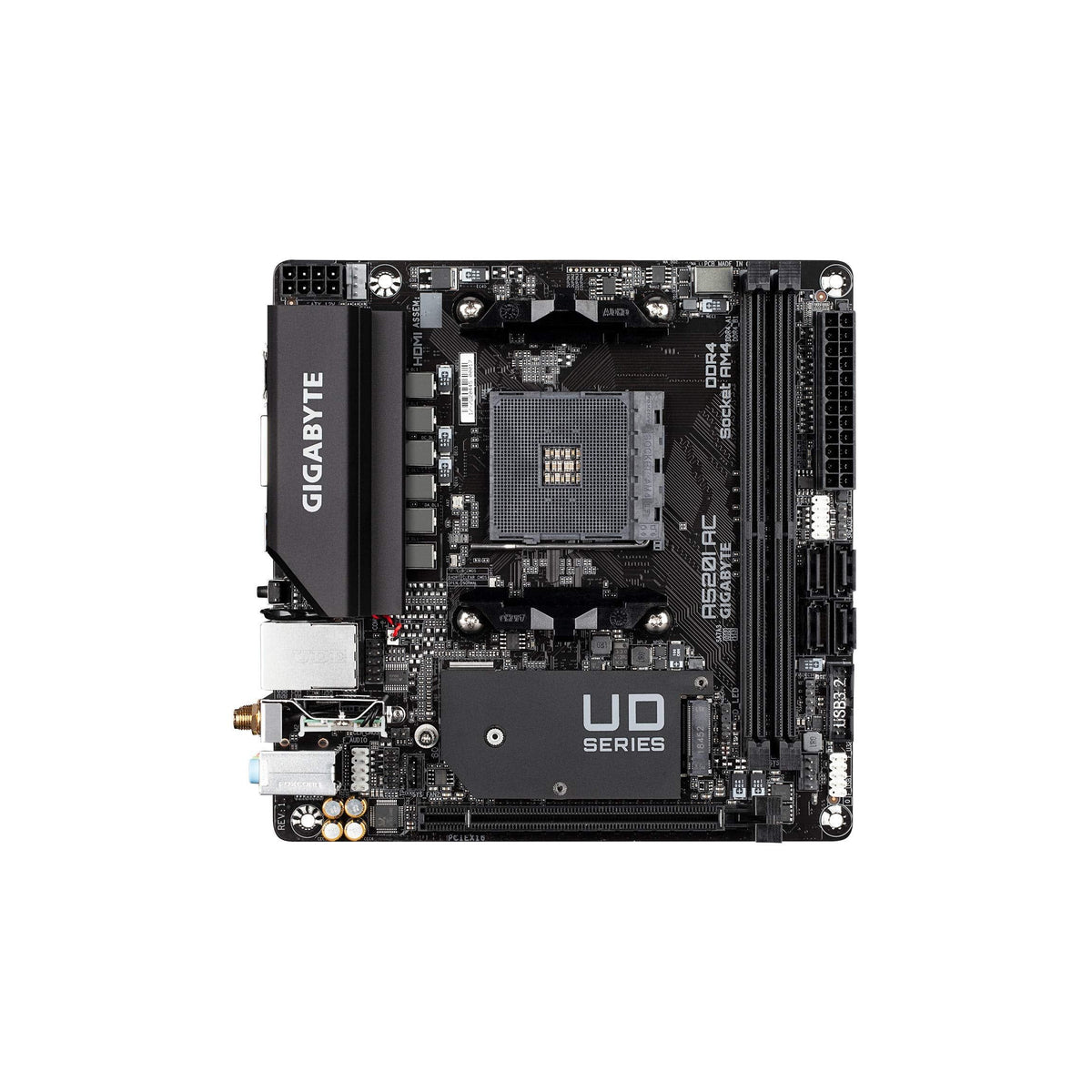 Gigabyte A520I AC (AMD Ryzen AM4/Mini-ITX/Direct 6 Phases Digital PWM with 55A DrMOS/Gaming GbE LAN/Intel WiFi+Bluetooth/NVMe PCIe 3.0 x4 M.2/3 Display Interfaces/Q-Flash Plus/Motherboard)