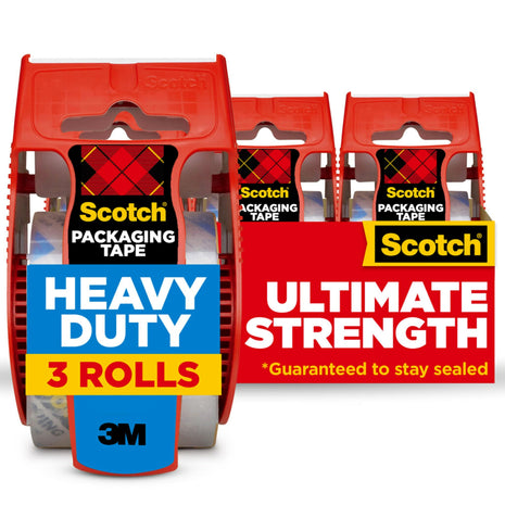 Scotch Heavy Duty Shipping Packing Tape, Clear, Shipping and Packaging Supplies, 1.88 in. x 22.2 yd., 3 Tape Rolls with Dispensers