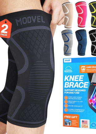 Modvel 2 Pack Knee Brace for Women & Men - Workout Knees Compression Sleeve for Knee Pain Relief Joint Support for ACL, Arthritis, Meniscus Tear Knees Brace for Sports, Rodilleras para Gym Fitness