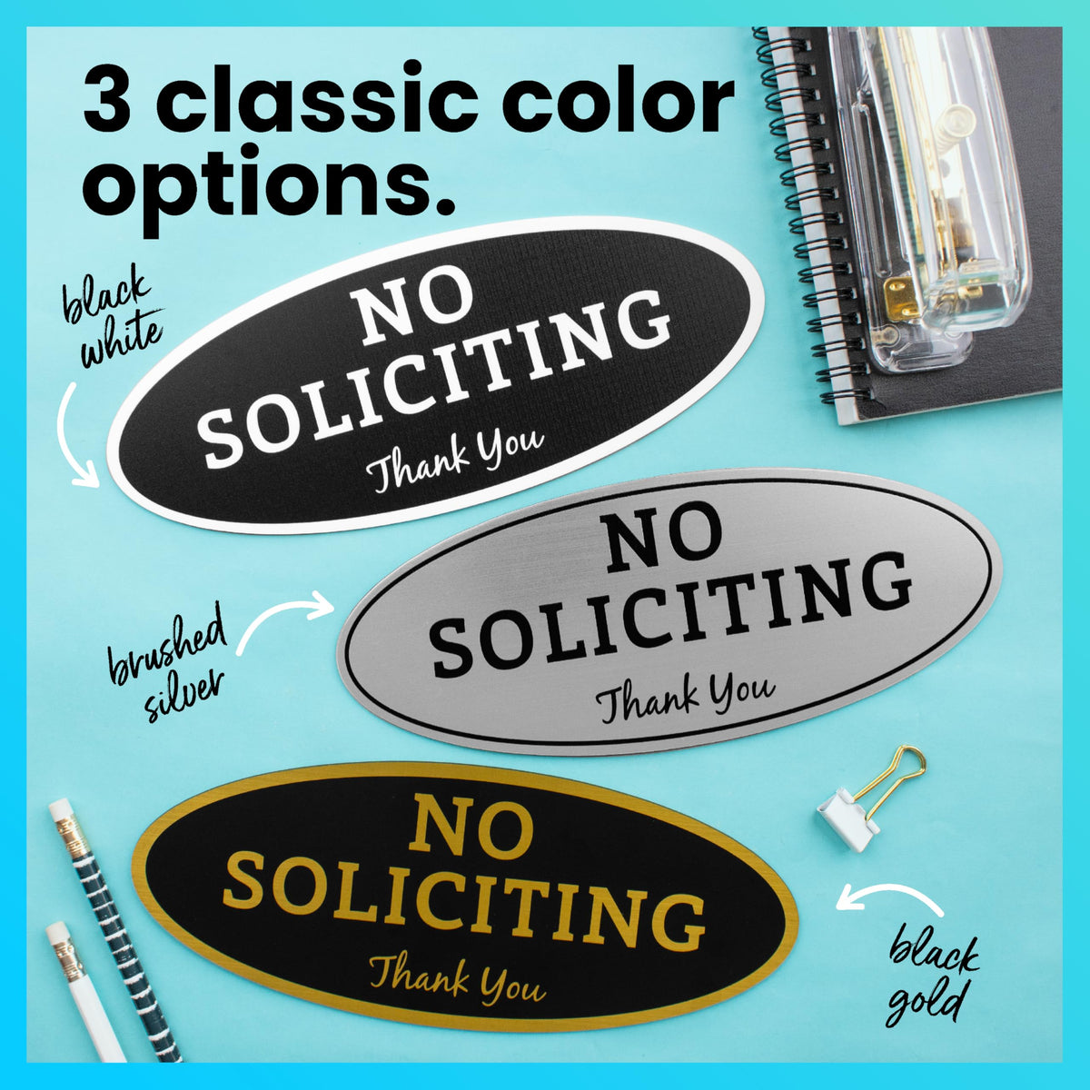 ExcelMark No Soliciting Sign for House or Business – Durable Indoor/Outdoor Sign – Easily Attach to Front Door - UV and Weather Resistant (Small - 2"x 5", Black with Gold Letters)