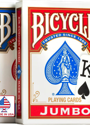 Bicycle Jumbo Index Playing Cards 2 Pack Large Print Poker Size | Easy-to-read numbers and suits, Air Cushion Finish, Made in USA, 6 red and 6 blue backs, For all card games