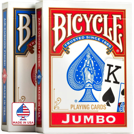 Bicycle Jumbo Index Playing Cards 2 Pack Large Print Poker Size | Easy-to-read numbers and suits, Air Cushion Finish, Made in USA, 6 red and 6 blue backs, For all card games
