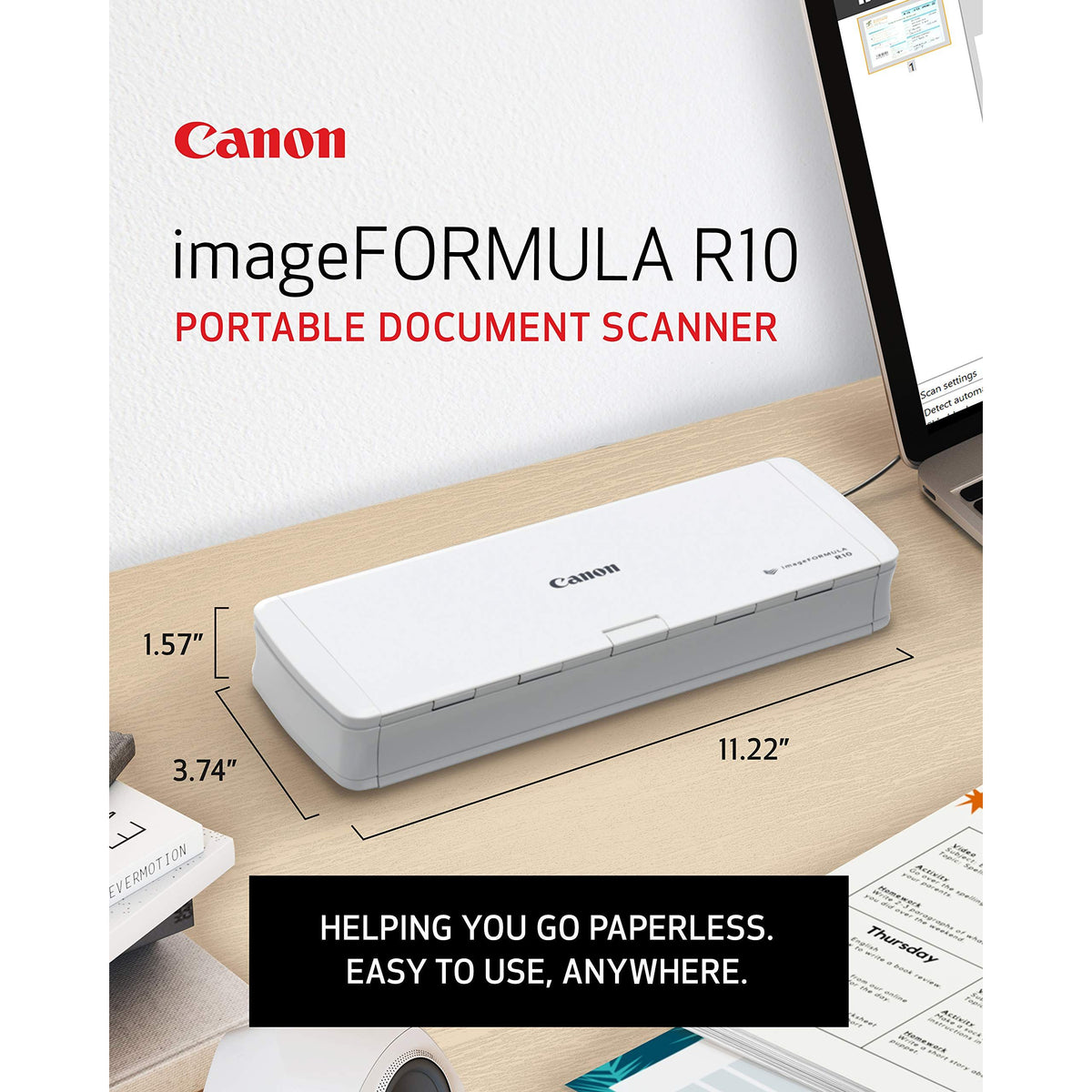 Canon imageFORMULA R10 - Portable Document Scanner, USB Powered, Duplex Scanning, Document Feeder, Easy Setup, Convenient, Perfect for Mobile Users