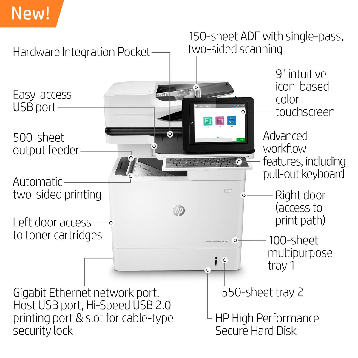 HP LaserJet Enterprise Flow MFP M634h Monochrome All-in-One Printer with built-in Ethernet & 2-sided printing (7PS95A), White
