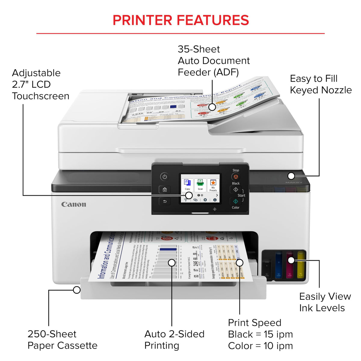 Canon Megatank GX2020 All-in-One Wireless Supertank [Megatank] Printer | Print, Copy and Scan| Mobile Printing |2.7" LCD Color Touchscreen | Auto Document Feeder and Auto Duplex Printing
