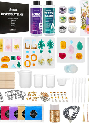 Piccassio Epoxy Resin Kit for Beginners – 208-Piece Jewelry Making & Craft Kit with Molds, Dried Flowers, Glitter & Tools – Complete Starter Set for Keychains, Bookmarks, Pendants & DIY Resin Art