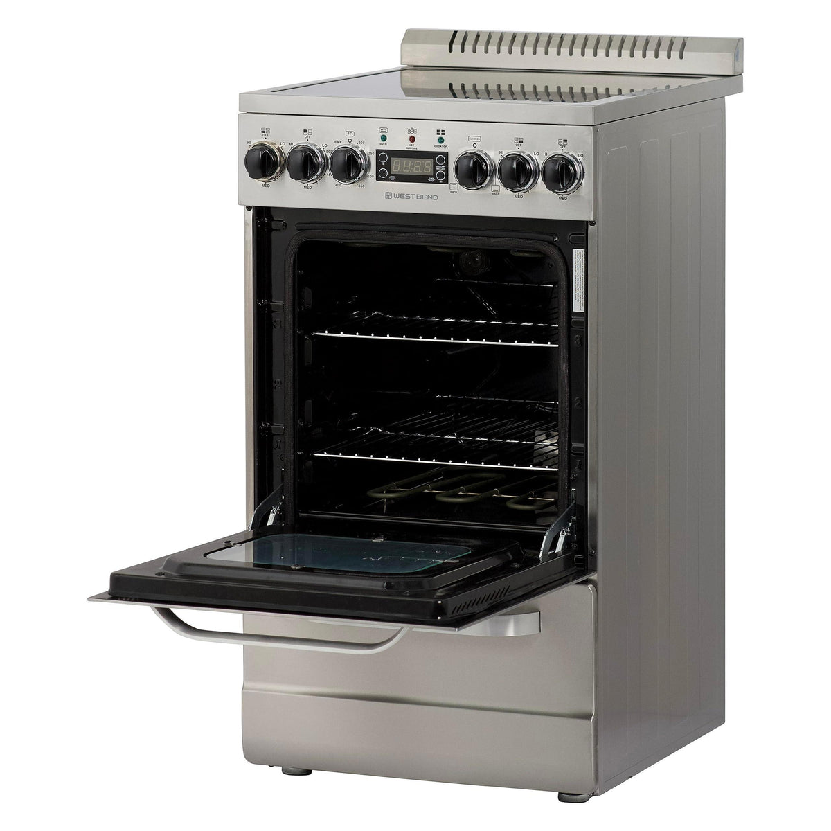 West Bend WB200ERPSS 20-Inch Electric Range, Compact Design, Top with 4 Cooking Zones, Glass Oven Door, Storage Drawer, and Rotisserie Accessories, 2.0 Cu. Ft, Stainless Steel, Metallic