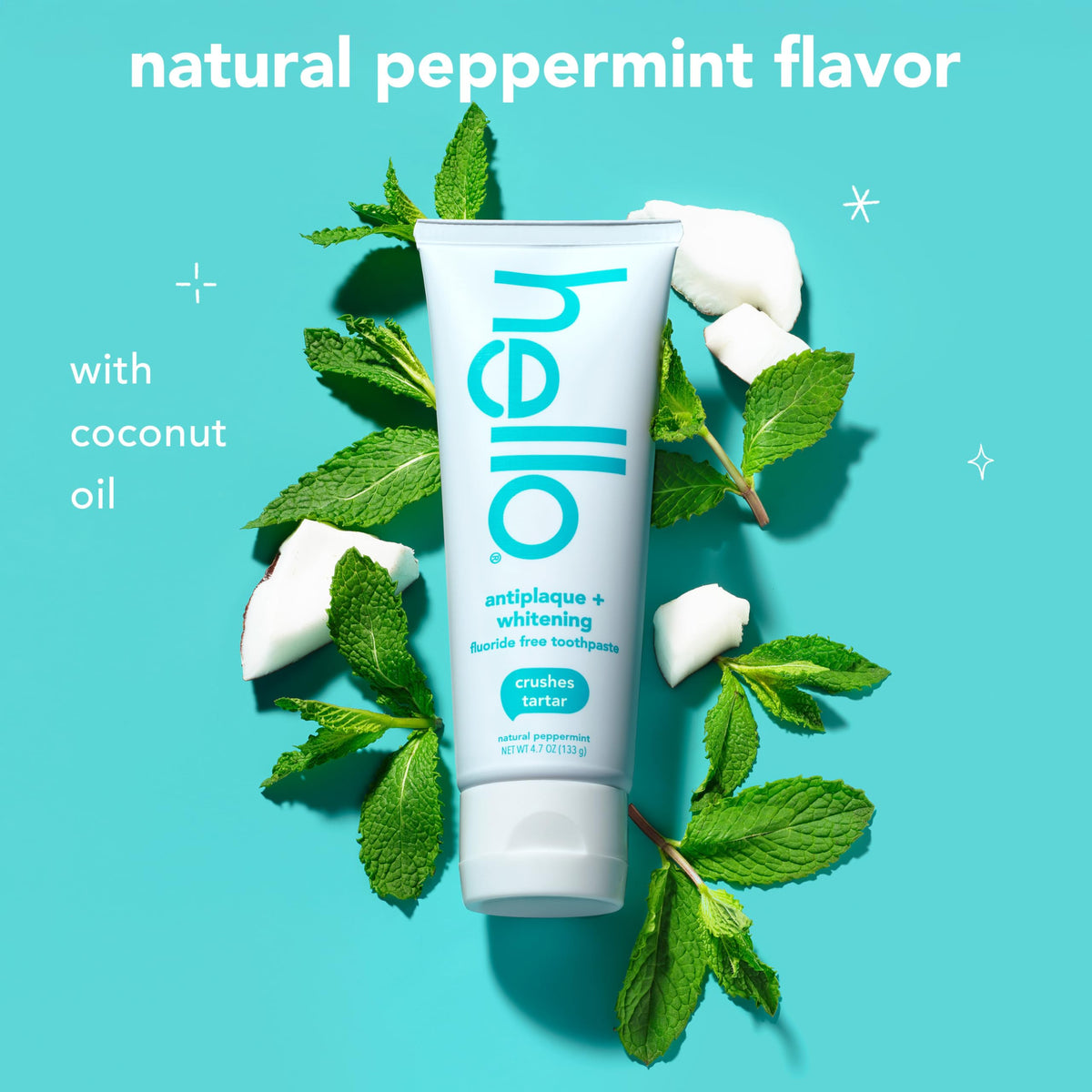 Hello Antiplaque Whitening Toothpaste, Fluoride Free Toothpaste for Teeth Whitening with Natural Peppermint Flavor and Tea Tree Oil, Peroxide Free, Gluten Free, SLS Free, 3 Pack, 4.7 OZ Tubes