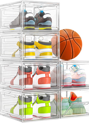 Sturdy Clear Shoe Organizer with Magnetic Door, Stackable Shoe Storage Box | Thick Plastic Shoe Storage for Sneakers & Boots, Collapsible Closet Shoe Rack and Clear Shoe Box, 6 Pack White