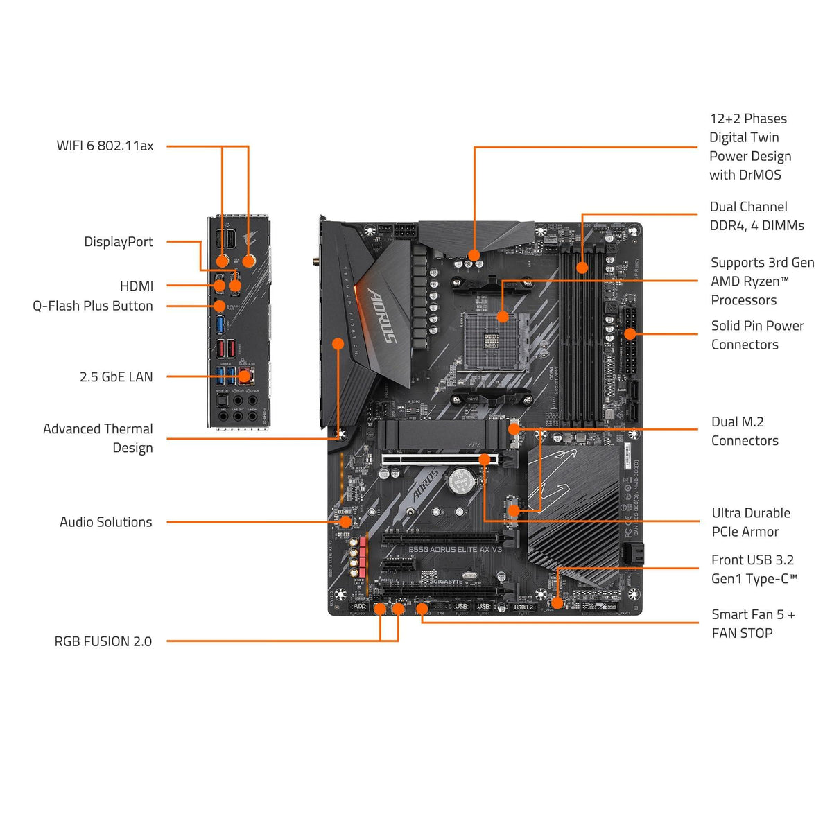 GIGABYTE B550 AORUS Elite AX V3 Motherboard, Supports AMD AM4 Ryzen 5000 Processors, ATX, DDR4, Dual M.2, SATA 6Gb/s, 2.4/5 GHz Dual-Band, 2.5 GbE LAN, PCIe 4.0