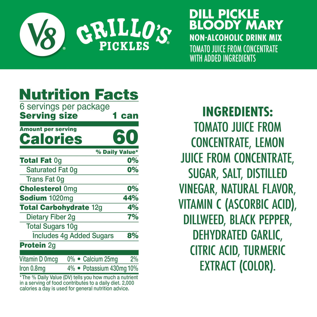 V8 Grillo's Pickles Dill Pickle Bloody Mary Mix, 8 fl oz Can (6 Pack)