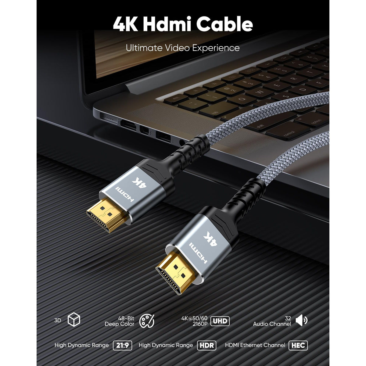 Highwings 4K HDMI Cable 6.6FT/2m | High-Speed HDMI 2.0 Quality Cord 4K@60Hz, Braided Nylon & Gold Connectors, HDR, Ethernet, ARC, 3D, HDCP 2.2, Compatible for PS-5/4/3/ HDTV/Monitor/DVD/Streaming