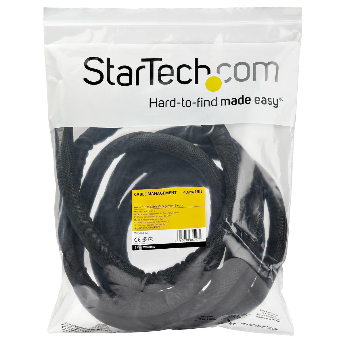 StarTech.com 15' (4.6m) Cable Management Sleeve - Flexible Coiled Cable Wrap - 1.0-1.5" Dia. Expandable Sleeve - Polyester Cord Manager/Protector/Concealer - Black Trimmable Cable Organizer