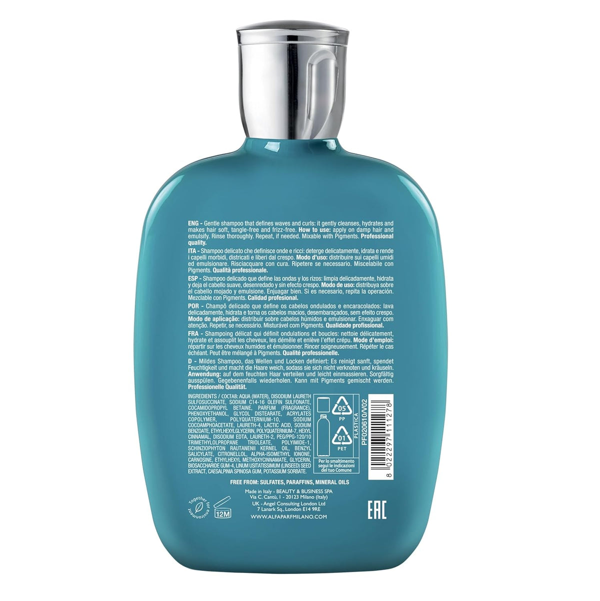 Alfaparf Milano professional Curly Hair Shampoo - Hydrates, Nourishes, Reduces Frizz, Defines Curls - Protects Against Humidity - Vegan, Sulfate Free 250 ml