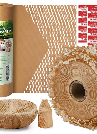 Honeycomb Packing Paper,12 inch W x 200' L Bubble Cushioning Wrap for Moving,Products & Gifts Wrapping Paper,Recyclable and Biodegradable Cushioning Packing Material with 20 Fragile Sticker Labels