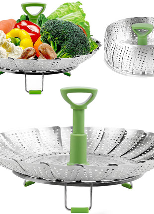 Consevisen Vegetable Steamer Basket for Cooking Food, Stainless Steel Veggie Steam Basket for Pot, Folding Expandable Steaming Insert with Extendable Handle Fits Various Size Pot, 5.1 inch to 9 inch
