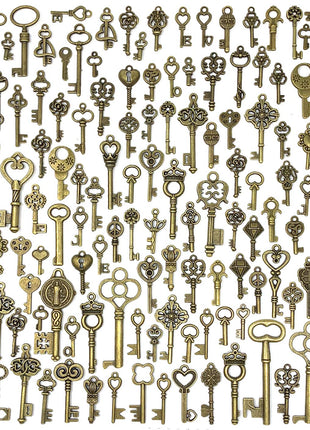 125 PCS Vintage Skeleton Key Set Charms, JIALEEY Mixed Antique Style Bronze Brass for Pendant DIY Jewelry Making Wedding Party Favors