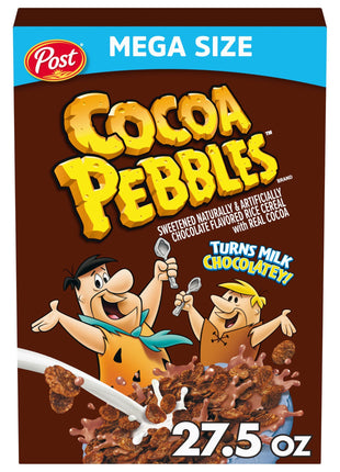 Cocoa PEBBLES Cereal, Chocolatey Kids Breakfast, Gluten Free Rice Crunch, 27.5 oz Mega Size Cereal Box