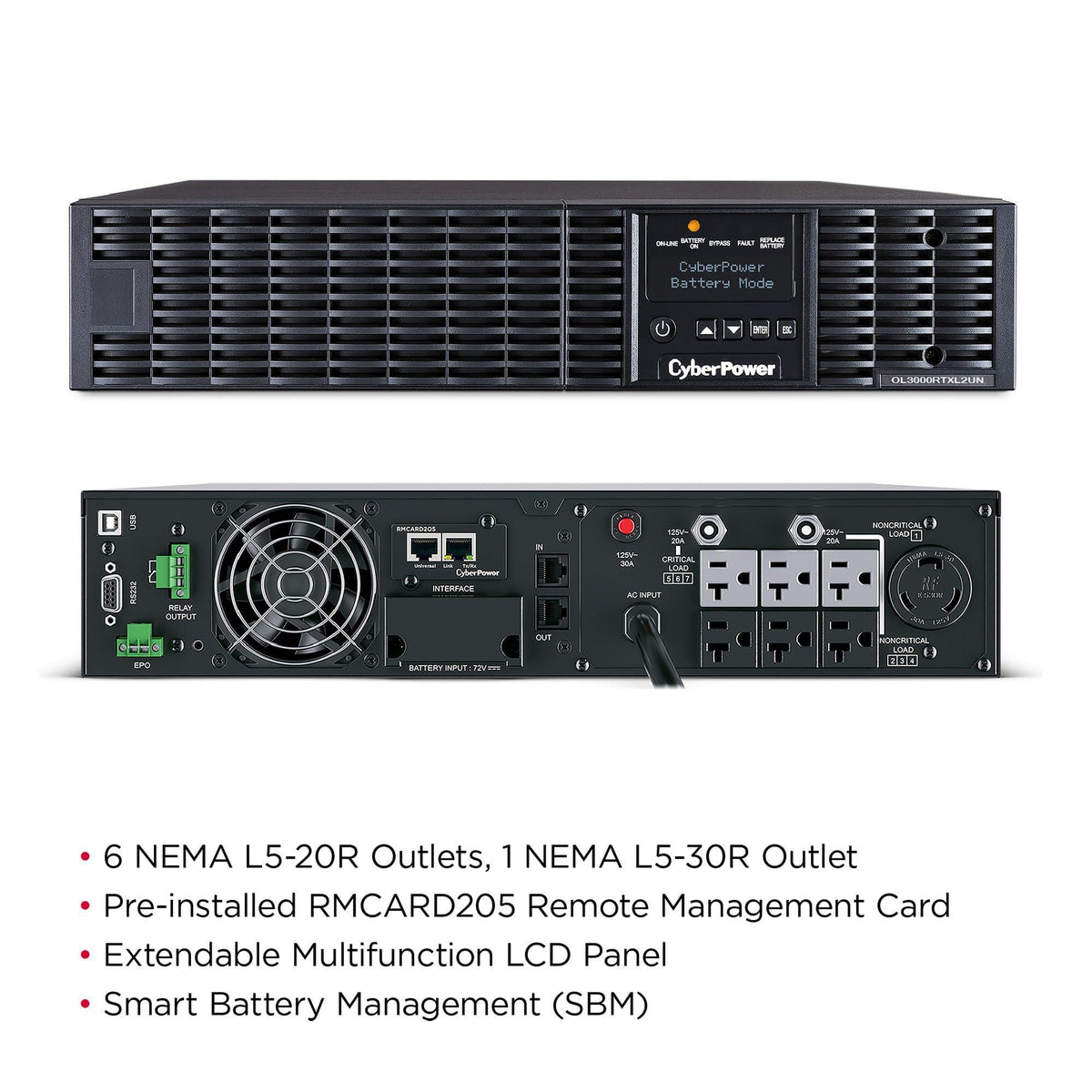 CyberPower OL3000RTXL2UN Smart App Online UPS Battery Backup and Surge Protector, 3000VA/2700W, 7 Outlets, 2U Rack/Tower, Pre-Installed RMCARD205, EBM Option, UL Certified