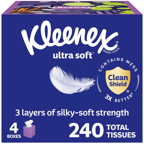 Kleenex Ultra Soft Facial Tissues, 4 Cube Boxes, 60 Tissues per Box