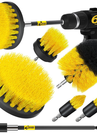 Holikme 6Pack Drill Brush Power Scrubber Cleaning Brush Extended Long Attachment Set All Purpose Drill Scrub Brushes Kit for Grout, Floor, Tub, Bathroom and Kitchen Surface,Scratch Brushes(Yellow)