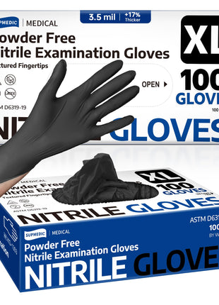 Supmedic Disposable Nitrile Gloves, Chemical Resistant, Powder-Free, Latex-Free, Food Safe, Medical Exam Gloves, Black, X-Large, 100 Pcs