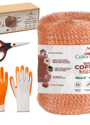Californistan Copper Mesh Rodent Control, 5in x 36ft- Rustproof Copper Mesh Roll for Rodent, Bat & Snail - Perfect for Hole Blocking, Gardening & Sealing Water Opening - Plus Bonus Scissor & Gloves