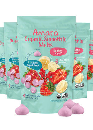 Amara Smoothie Melts - Mixed Red Berries - Baby Snacks Made With Fruits and Vegetables - Healthy Toddler Snacks For Your Kids Lunch Box - Organic Plant Based Yogurt Melts - 6 Resealable Bags