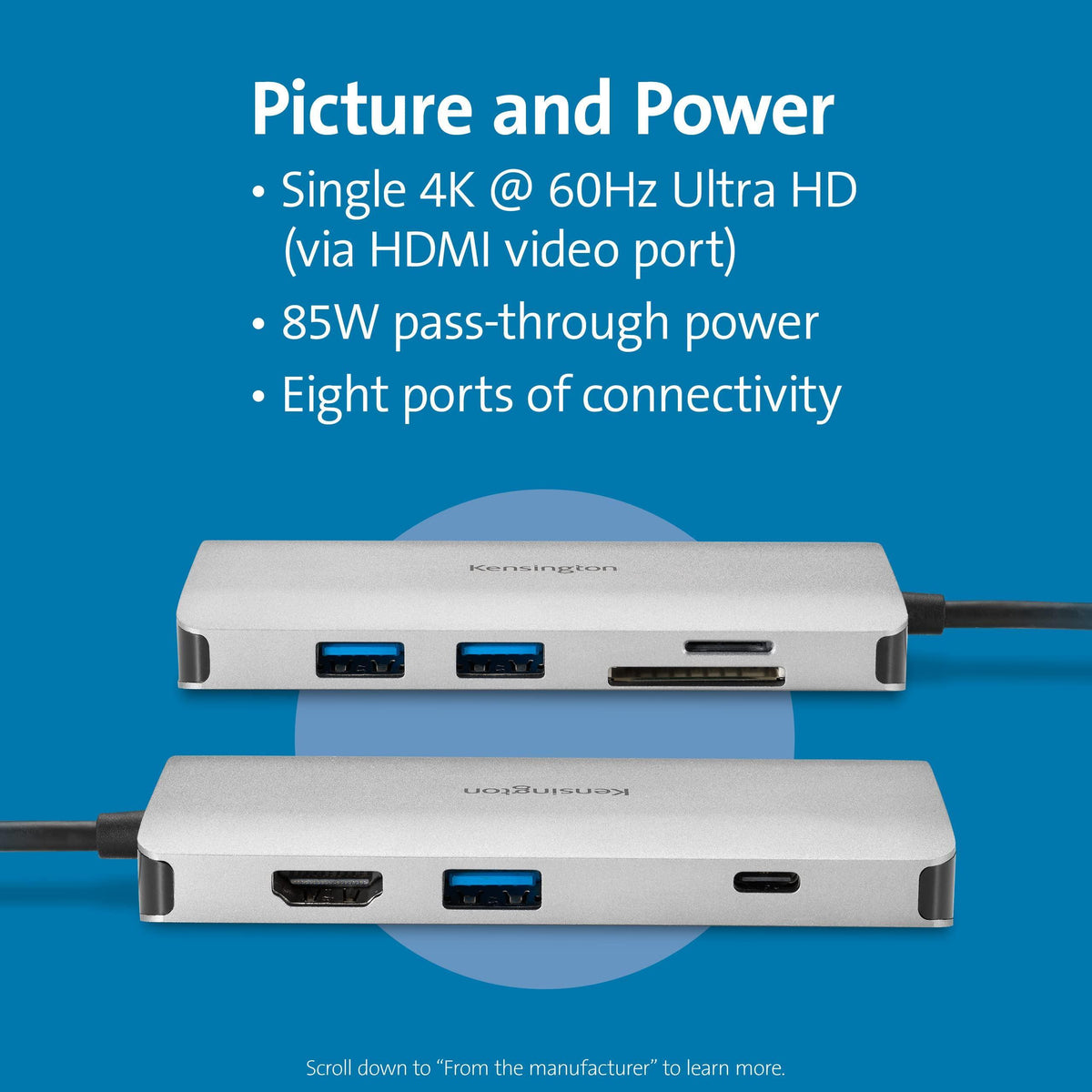 Kensington UH1400P 8-in-1 USB-C Hub with 85W Pass Through Charging Power Delivery, 4K 60Hz HDMI, Ethernet, MicroSD Card, 3 USB-A 3.2 for M1 /M2 Macbook Pro Air, HP, Lenovo, iPad Pro, Silver (K33820WW)