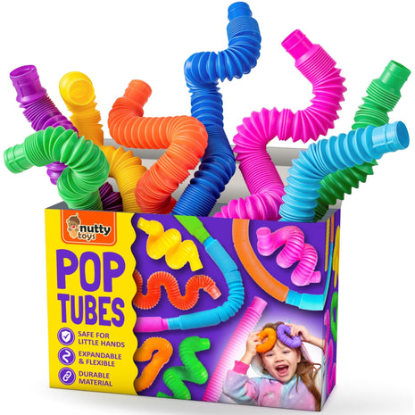 Nutty Toys Pop Tubes - Large 8-Pack Sensory Toys - Creative STEM Learning for Kids & Toddlers - Connect & Pop! Top ADHD Autism Fidget 2026, Best Boy & Girl Christmas Stocking Stuffers Gifts Idea