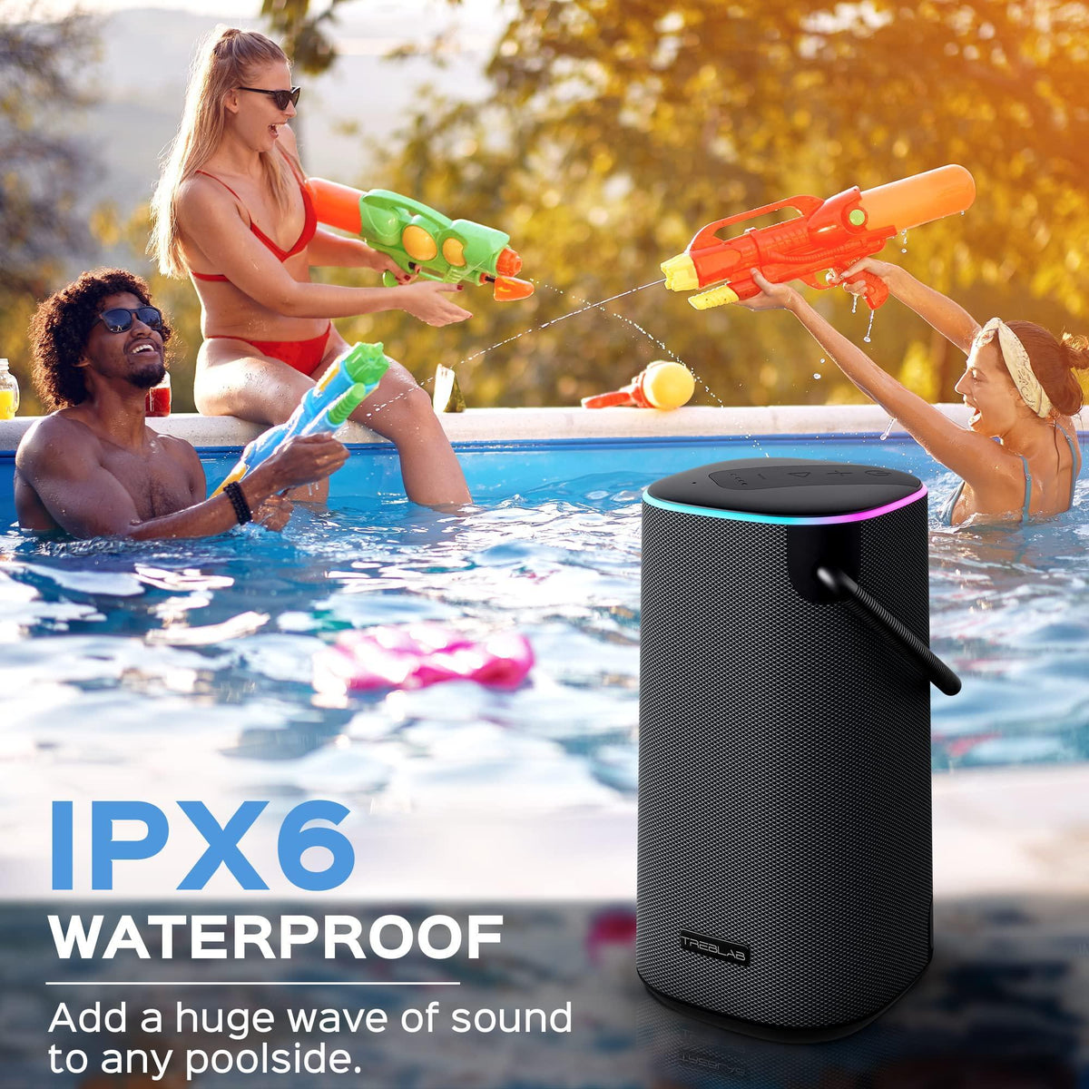 TREBLAB Portable Bluetooth Speaker with Handle - Loud 60W Stereo Sound with Deep Bass, 25H Playtime, Wireless Powerbank, RGB Lights, Dual Pairing, Waterproof - for Home Parties, Outdoor Pool, Golf
