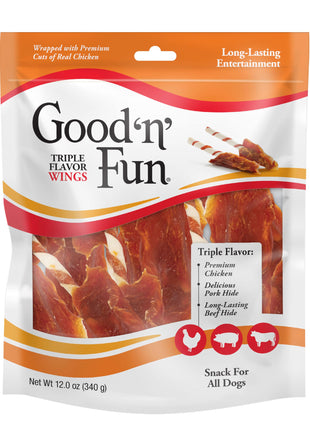 Good 'n' Fun Triple Flavor Wings Chews for All Dogs, 12 Ounces, Treat Your Dog to Long-Lasting Chews Made from Chicken, Pork Hide and Beef Hide