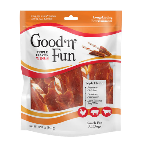 Good 'n' Fun Triple Flavor Wings Chews for All Dogs, 12 Ounces, Treat Your Dog to Long-Lasting Chews Made from Chicken, Pork Hide and Beef Hide