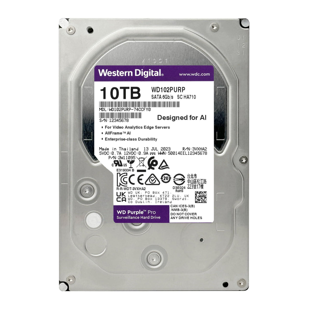 Western Digital 10TB WD Purple Pro Surveillance Internal Hard Drive HDD - SATA 6 Gb/s, 512 MB Cache, 3.5" - WD102PURP